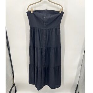 LOFT‎ Beach Black Seersucker Strapless Tiered Midi Dress Button Front Size 12